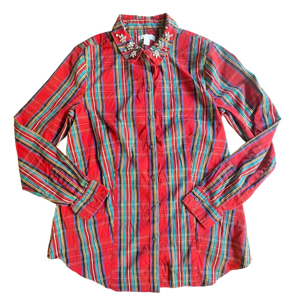 Charter Club Red Plaid Button Up Shirt Rhinestone Collar SZ 10 Christmas Tartan
